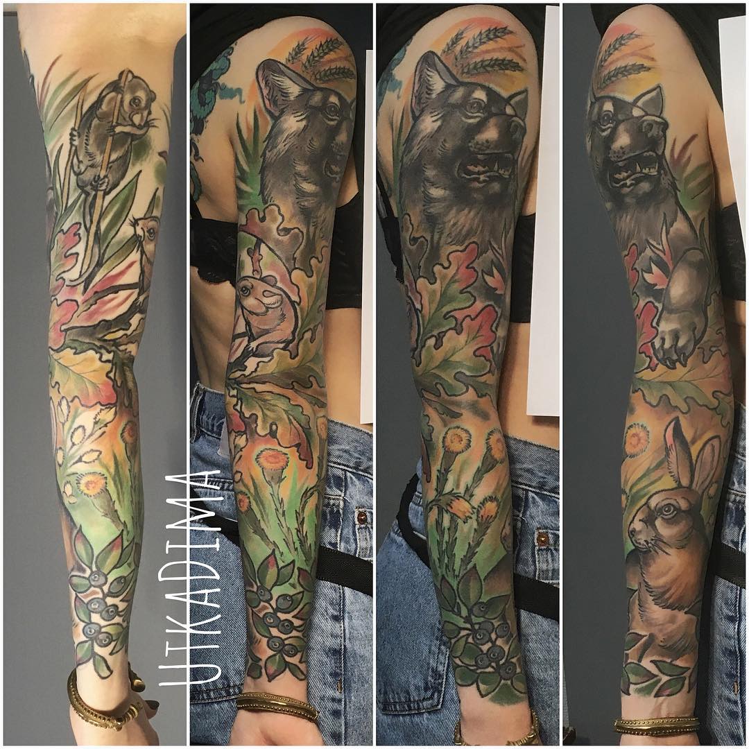 Tatuaż neotradycyjny rękaw zwierzęta – duży projekt w kolorze – Kraków