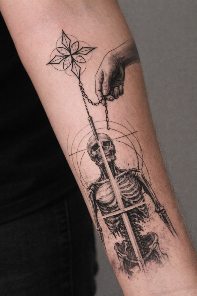 tatuaz graficzny szkielet miecz przedramie