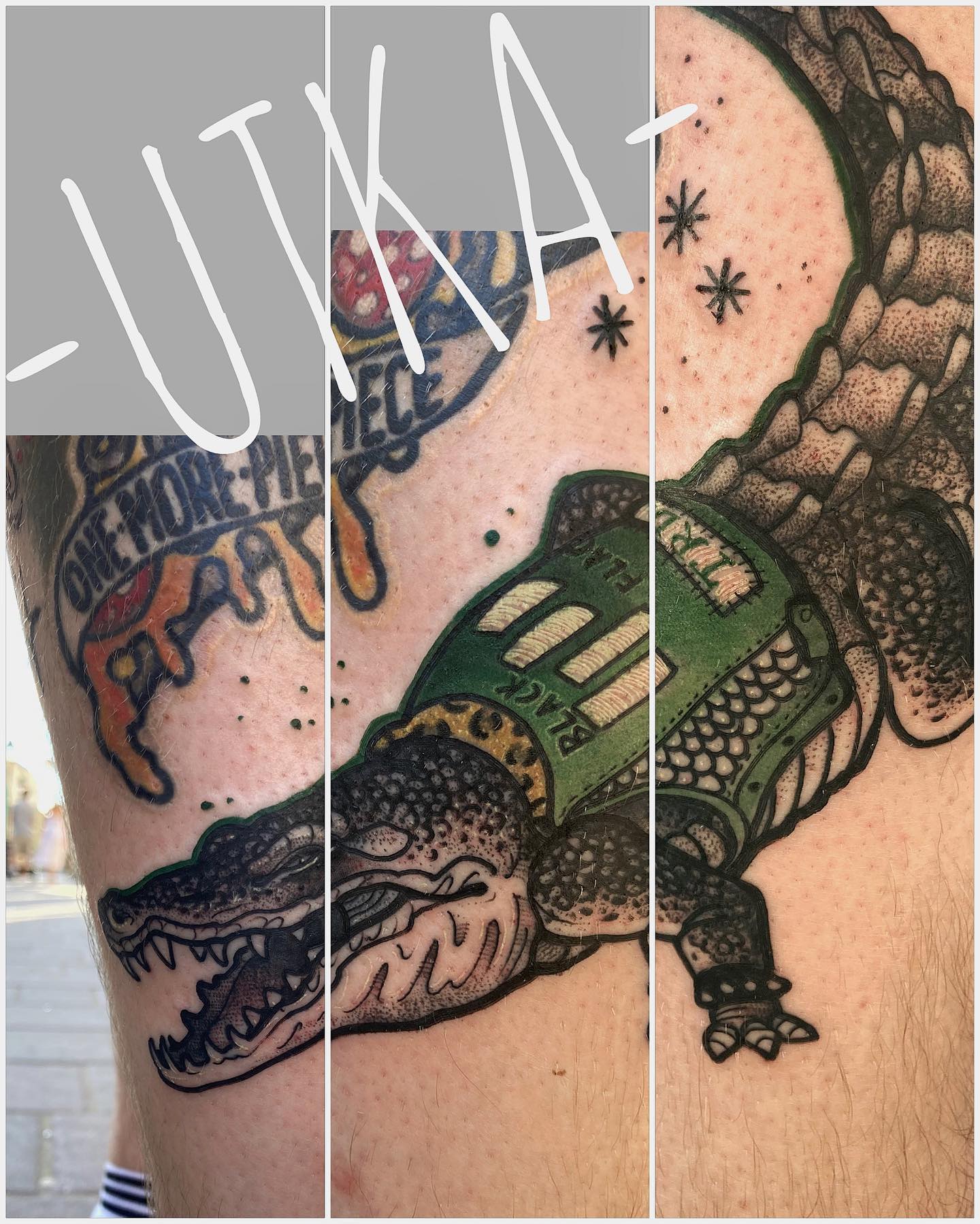 Tatuaż neotradycyjny krokodyl w kamizelce – autorski projekt w kolorze – Kraków