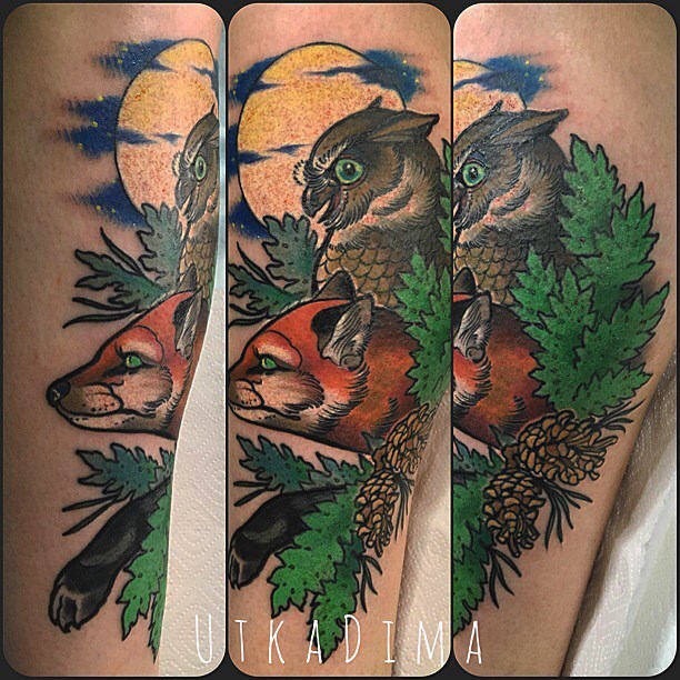 Tatuaż neotradycyjny sowa i lis – autorski projekt w kolorze – Kraków