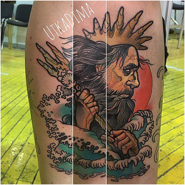 Tatuaż old school Posejdon – klasyczny motyw marynistyczny – Kraków